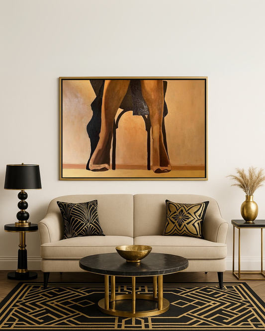 Living room with a beige sofa, decorative art deco style pillows, a coffee table, and a large abstract painting on the wall. Quite Allure by Alessia Sersanti