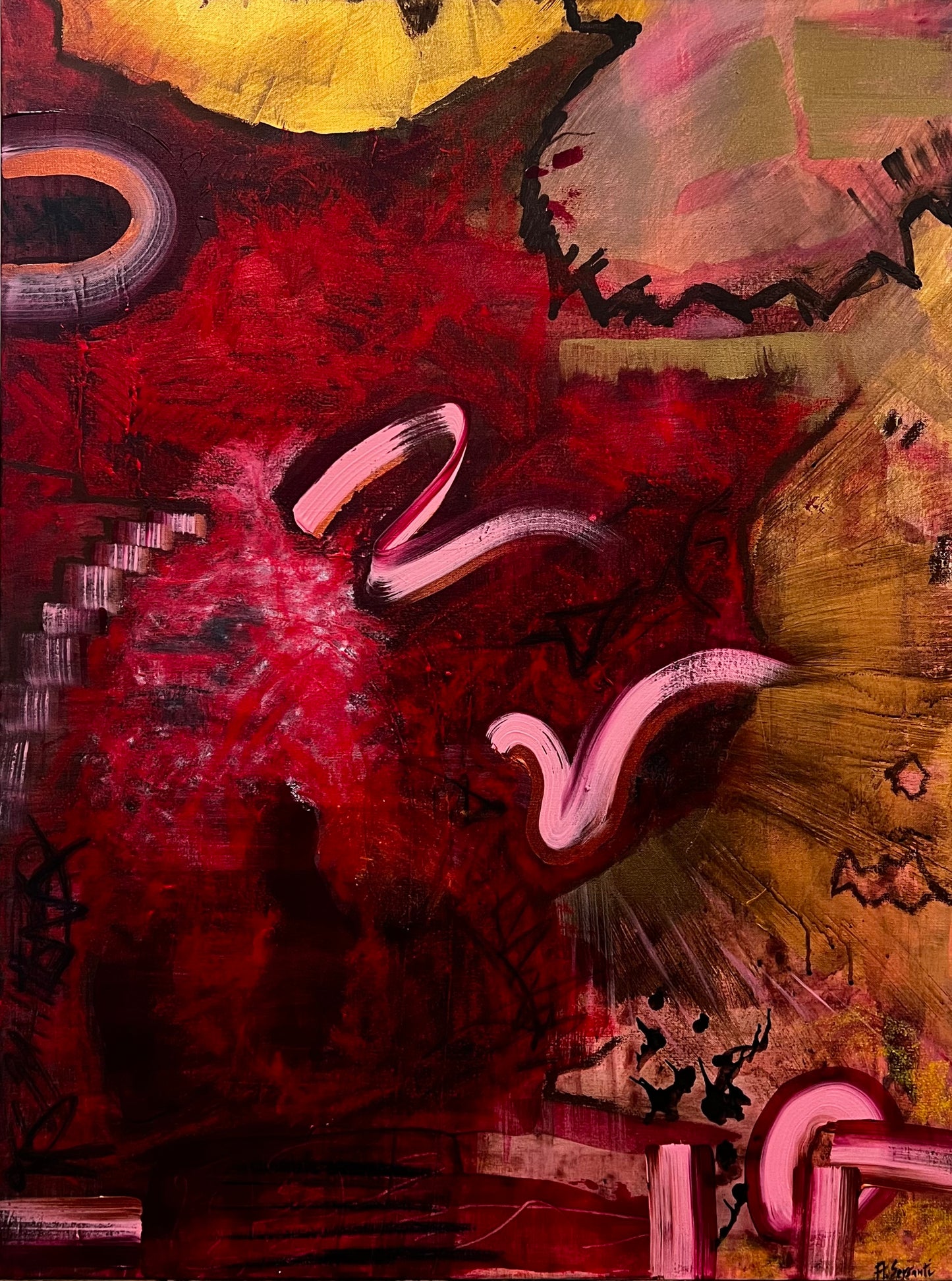 Abstract painting by Alessia Sersanti featuring radiant reds, pinks, and golds. Symbolizes cosmic ignition and the divine spark of creation.