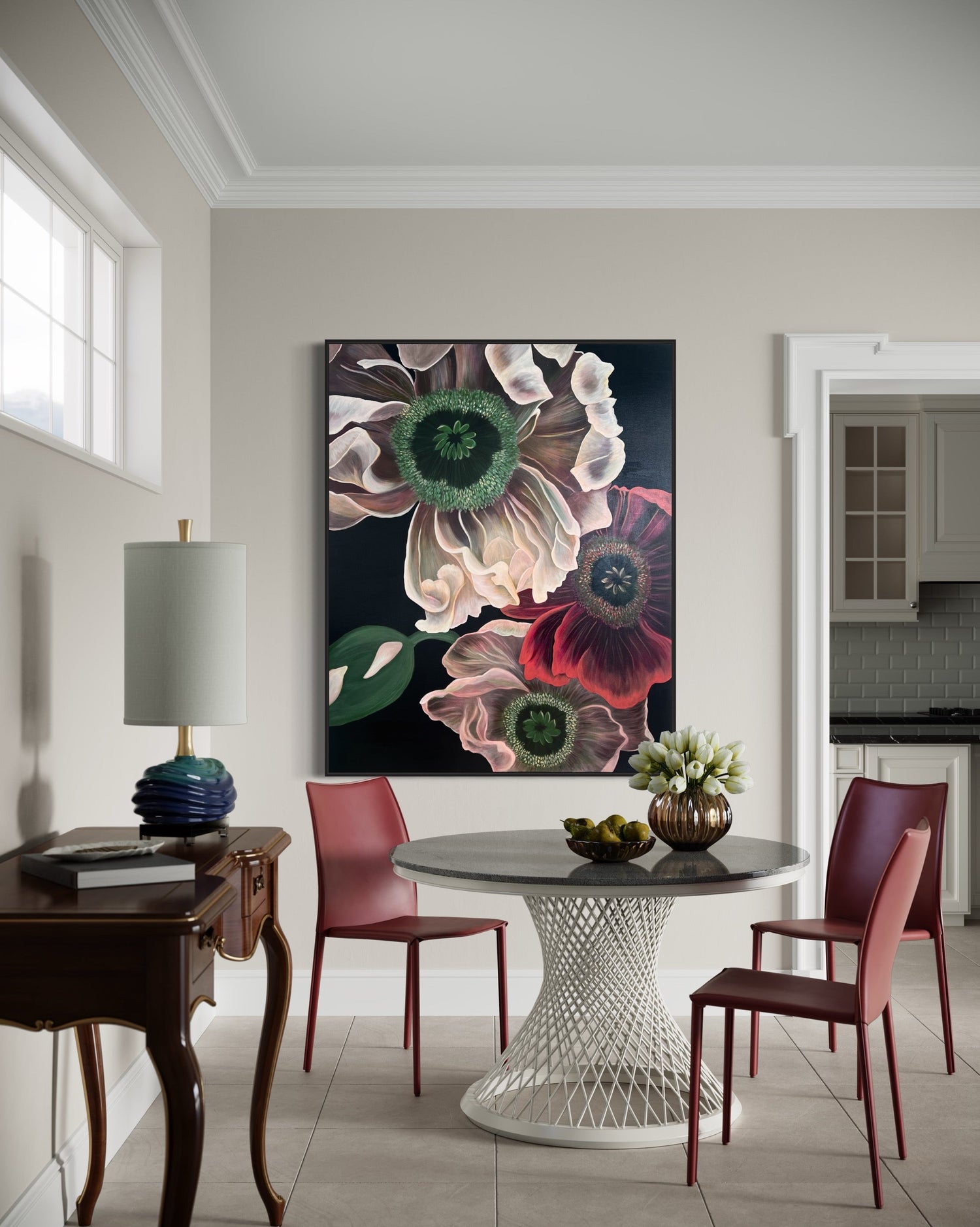 Alessia Sersanti original oil and acrylic painting "Moonlit Blossoms"displayed on a wall