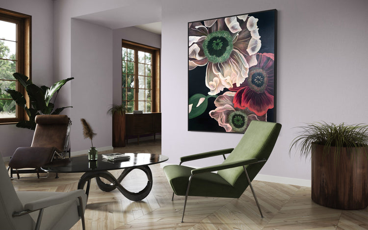 Alessia Sersanti original oil and acrylic painting "Moonlit Blossoms"displayed on a wall