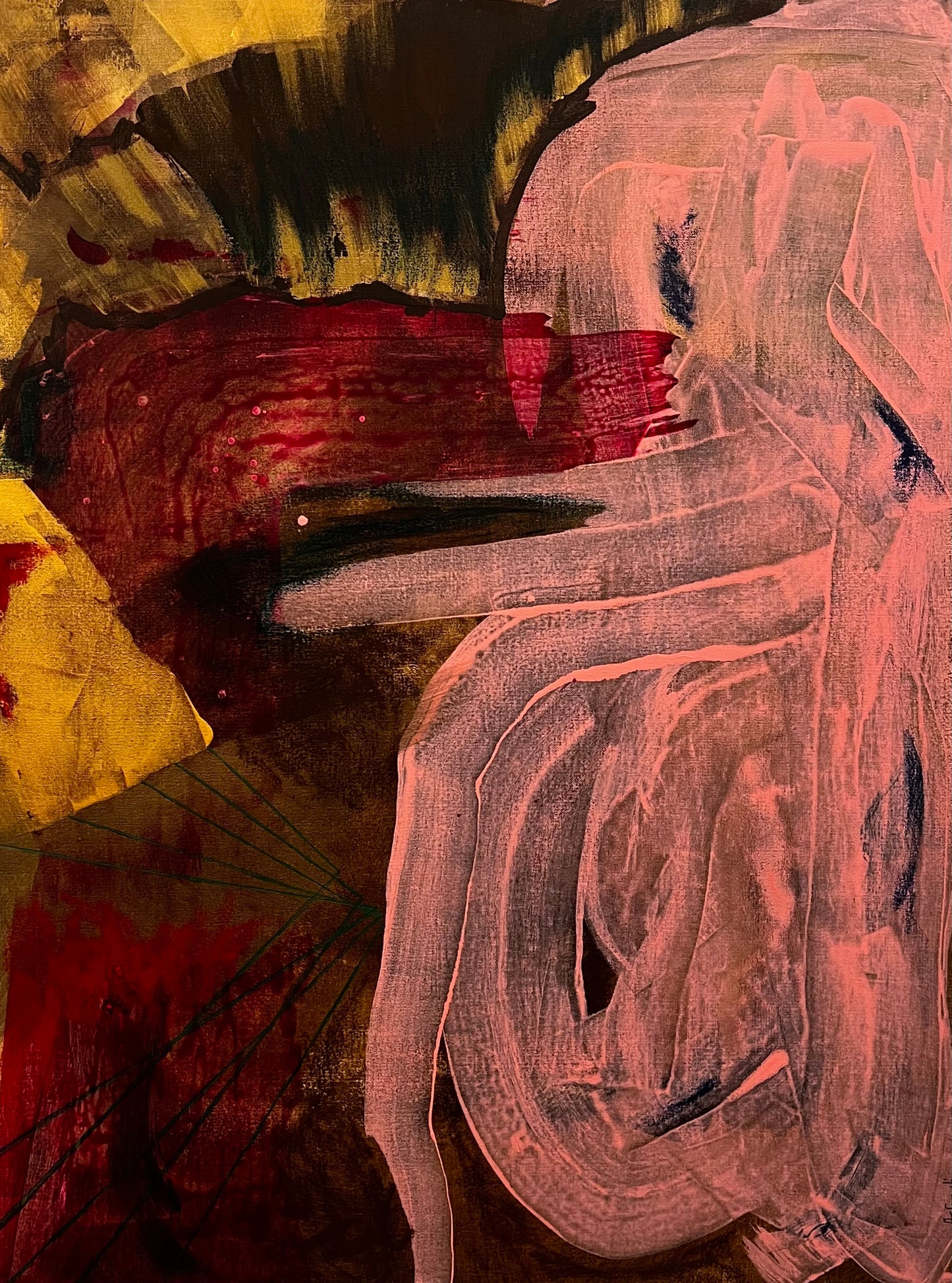 Abstract painting by Alessia Sersanti with reds, pinks, golds, and raw sienna. Depicts the divine emergence of light in a cosmic, ceremonial style.