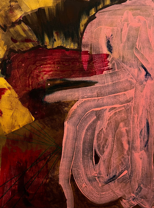 Abstract painting by Alessia Sersanti with reds, pinks, golds, and raw sienna. Depicts the divine emergence of light in a cosmic, ceremonial style.