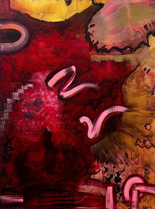 Abstract painting by Alessia Sersanti featuring radiant reds, pinks, and golds. Symbolizes cosmic ignition and the divine spark of creation.